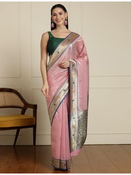 Sarha - Pink Silk Woven Saree with Unstitched Blouse
