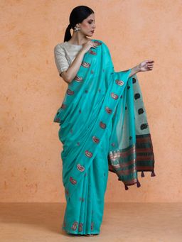 Sarha - Blue Cotton Printed Saree with Unstitched Blouse