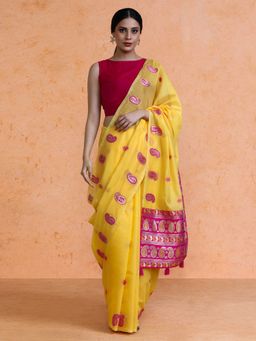 Sarha - Yellow Cotton Printed Saree with Unstitched Blouse