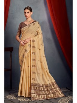 Sarha - Beige Cotton Printed Saree with Unstitched Blouse