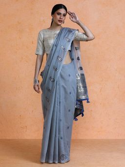 Sarha - Grey Cotton Printed Saree with Unstitched Blouse