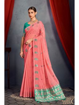 Sarha - Pink Cotton Printed Saree with Unstitched Blouse