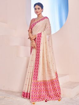 Sarha - Off White Cotton Blend Woven Saree with Unstitched Blouse