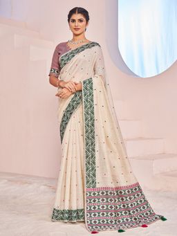 Sarha - Off White Cotton Woven Saree with Unstitched Blouse