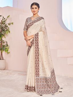 Sarha - Off White Cotton Blend Woven Saree with Unstitched Blouse