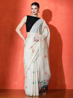 Sarha - Off White Cotton Floral Saree with Unstitched Blouse