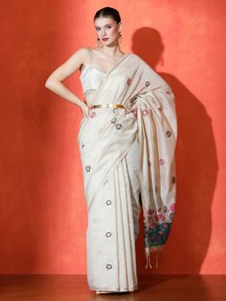Sarha - Off White Cotton Floral Saree with Unstitched Blouse