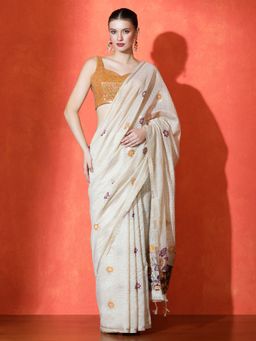 Sarha - Off White Cotton Floral Saree with Unstitched Blouse