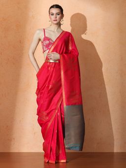 Sarha - Red Silk Woven Saree with Unstitched Blouse