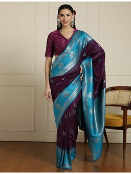 Sarha - Wine Silk Floral Saree with Unstitched Blouse
