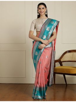 Sarha - Peach Silk Floral Saree with Unstitched Blouse