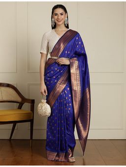 Sarha - Blue Silk Woven Saree with Unstitched Blouse