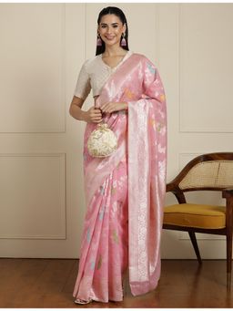 Sarha - Pink Cotton Blend Woven Saree with Unstitched Blouse
