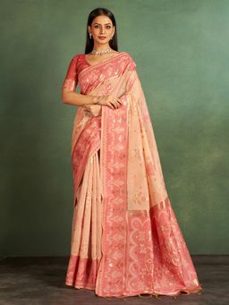 Sarha - Peach Cotton Blend Printed Saree with Unstitched Blouse