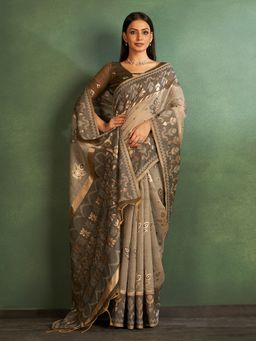 Sarha - Grey Cotton Printed Saree with Unstitched Blouse