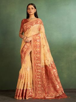 Sarha - Mustard Cotton Printed Saree with Unstitched Blouse