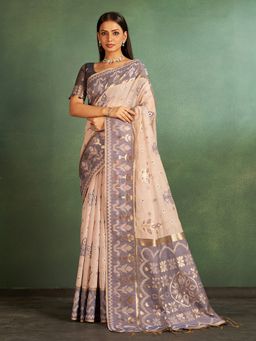 Sarha - Grey Cotton Printed Saree with Unstitched Blouse