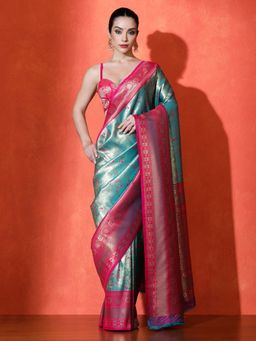 Sarha - Blue Silk Floral Saree with Unstitched Blouse