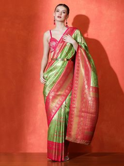 Sarha - Green Art Silk Floral Saree with Unstitched Blouse