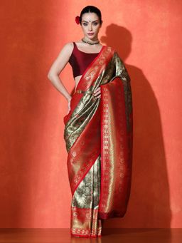 Sarha - Olive Silk Floral Saree with Unstitched Blouse