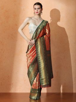 Sarha - Rust Silk Floral Saree with Unstitched Blouse
