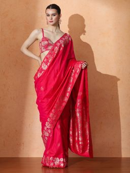 Sarha - Pink Silk Floral Saree with Unstitched Blouse
