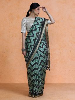 Sarha - Green Cotton Printed Saree with Unstitched Blouse