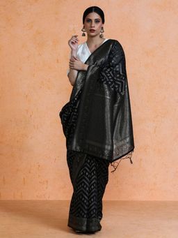 Sarha - Black Cotton Woven Saree with Unstitched Blouse