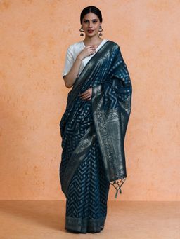 Sarha - Blue Cotton Woven Saree with Unstitched Blouse