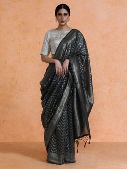 Sarha - Charcoal Cotton Woven Saree with Unstitched Blouse