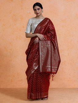 Sarha - Maroon Cotton Woven Saree with Unstitched Blouse