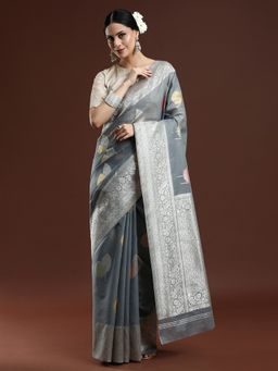 Sarha - Grey Cotton Printed Saree with Unstitched Blouse