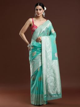 Sarha - Blue Cotton Printed Saree with Unstitched Blouse