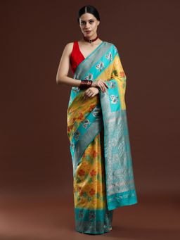 Sarha - Yellow Cotton Printed Saree with Unstitched Blouse