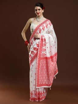 Sarha - White Cotton Printed Saree with Unstitched Blouse