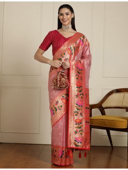 Sarha - Peach Silk Blend Woven Saree with Unstitched Blouse
