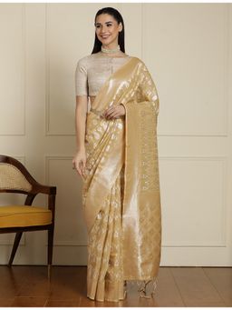 Sarha - Beige Cotton Blend Woven Saree with Unstitched Blouse