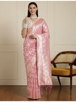 Sarha - Pink Cotton Blend Woven Saree with Unstitched Blouse