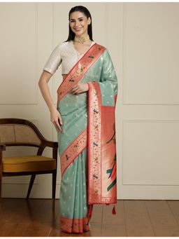 Sarha - Blue Tissue Woven Saree with Unstitched Blouse