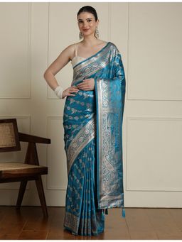 Sarha - Blue Silk Woven Saree with Unstitched Blouse