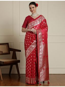 Sarha - Red Silk Woven Saree with Unstitched Blouse