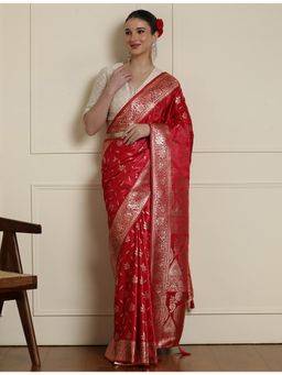 Sarha - Pink Silk Woven Saree with Unstitched Blouse