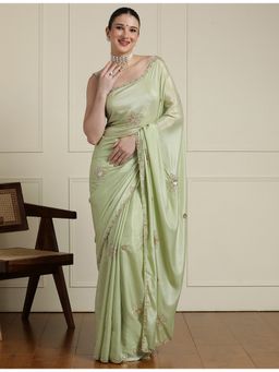 Sarha - Green Poly Georgette Embellished/Sequined Saree with Unstitched Blouse