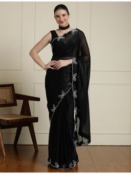 Sarha - Black Chiffon Embellished/Sequined Saree with Unstitched Blouse