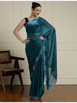 Sarha - Blue Chiffon Embellished/Sequined Saree with Unstitched Blouse