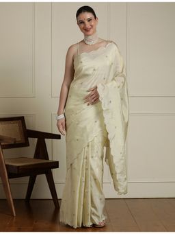 Sarha - Cream Poly Georgette Embroidered Saree with Unstitched Blouse