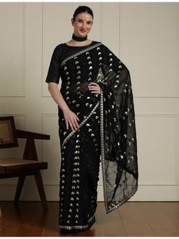 Sarha - Black Poly Georgette Embellished/Sequined Saree with Unstitched Blouse