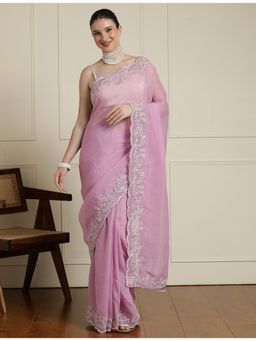 Sarha - Pink Poly Georgette Embroidered Saree with Unstitched Blouse