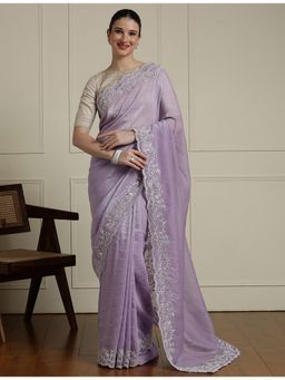 Sarha - Lavender Poly Georgette Embroidered Saree with Unstitched Blouse