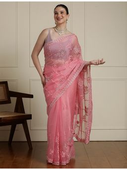 Sarha - Pink Chiffon Embroidered Saree with Unstitched Blouse